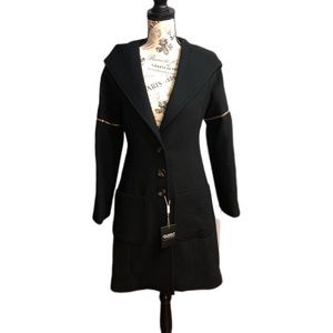 Hooded Black wool blend coat, front pockets